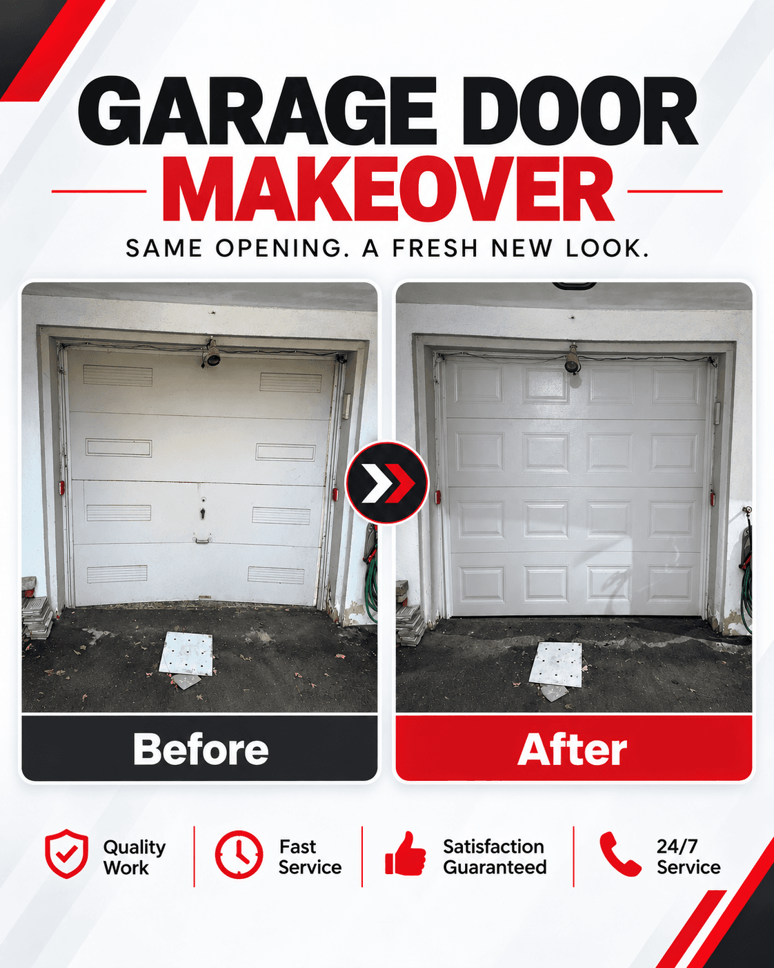 Comparaison avant/après d'un remplacement de porte de garage — ancienne porte à panneaux plats remplacée par une nouvelle porte à panneaux relevés